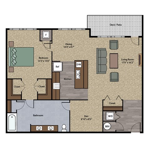 Floor plan for 1 bed, 1 bath, 1086 sqft